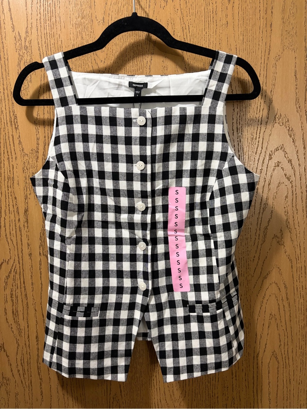 Express Women’s Small Black White Gingham Linen Blend Button Front Top NWT